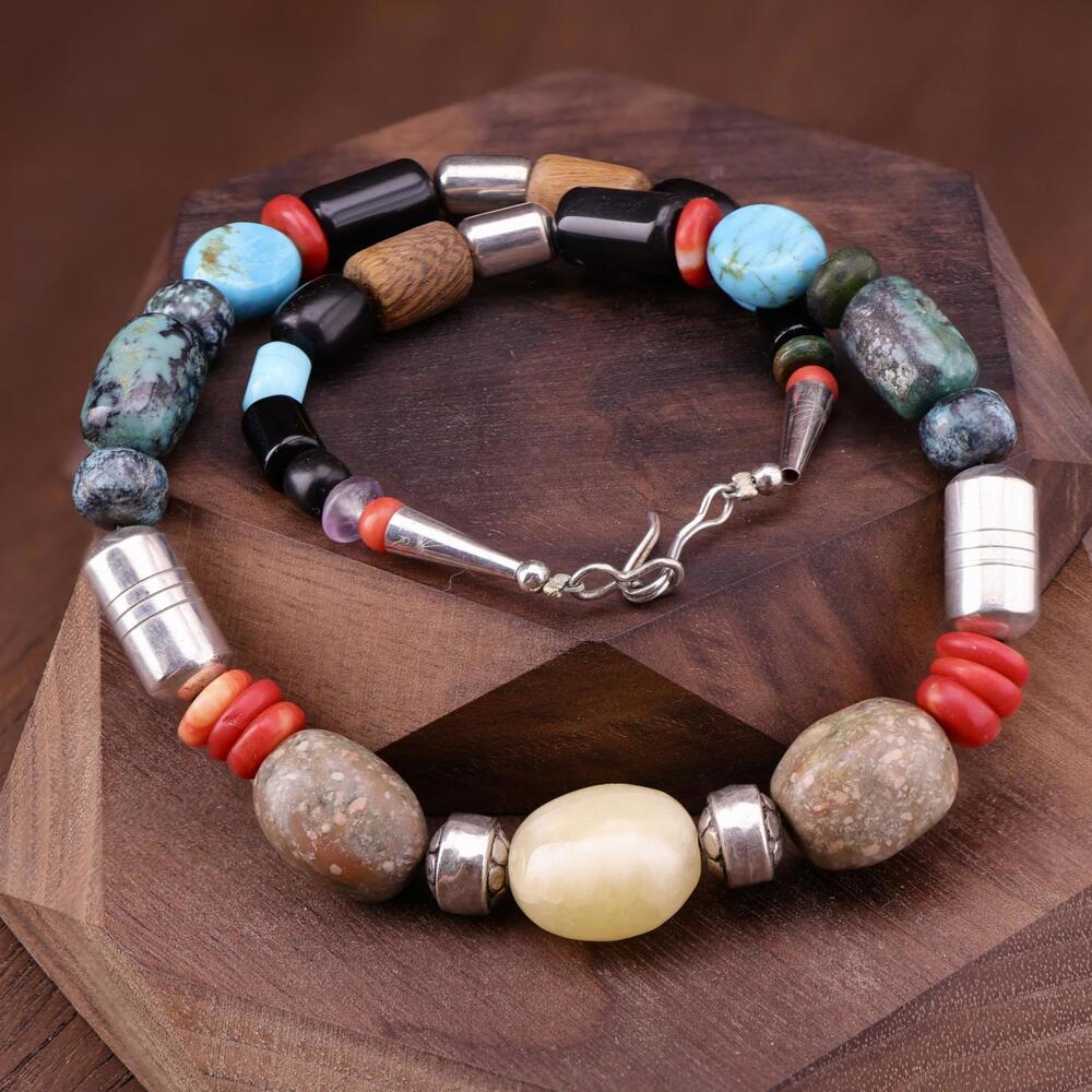 Vintage Thomas Singer Sterling Turquoise Coral, Stone Choker Necklace No Tag